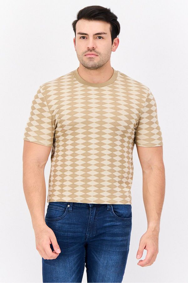 Asos Design-Men Crew Neck Short Sleeves Diamond Pattern T-Shirt, Tan 1