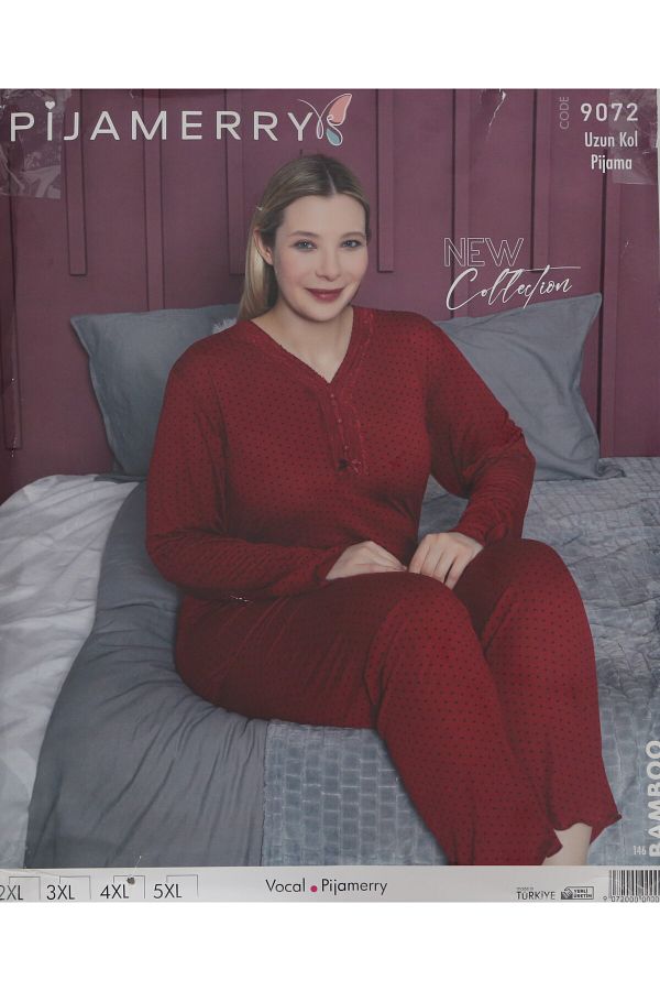 PİJAMERRY-Pijamery Battal Uzunkol Red Polka Dot Pajama Set 1