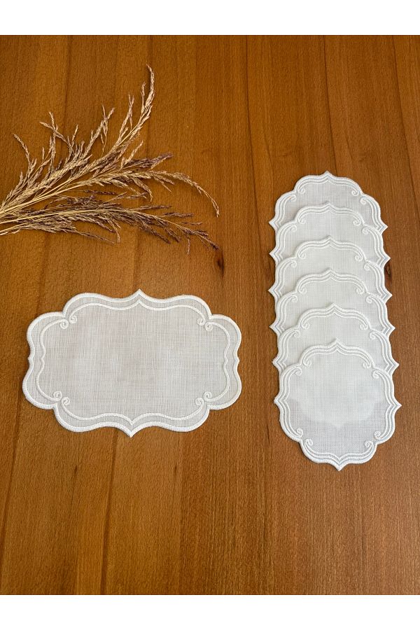 Smiling Home-6 Pieces Ecru Color Linen Ivy Pattern & 1 Piece Tray Cover 1