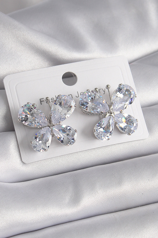 melfxxl eticaret-Brass Silver Color Zircon Stone Butterfly Model Women's Earrings - Lisinya 1
