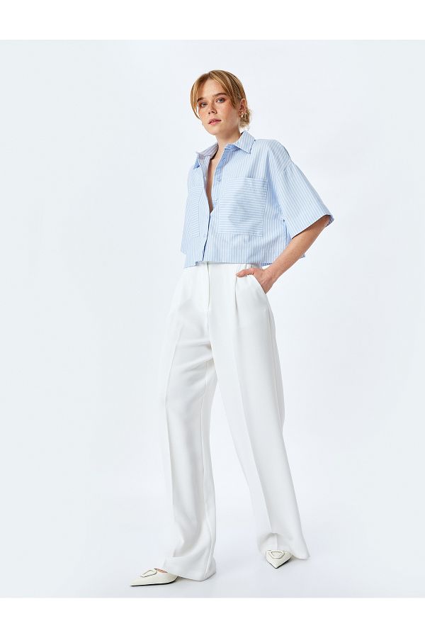 Koton-Short Sleeve Oversize Crop Shirt with Applique Pocket Detail 1