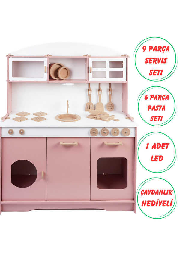 HOBBY HOUSE Ahşap Oyuncak Mutfak Seti 9 Parça Servis Seti & Led Işık
