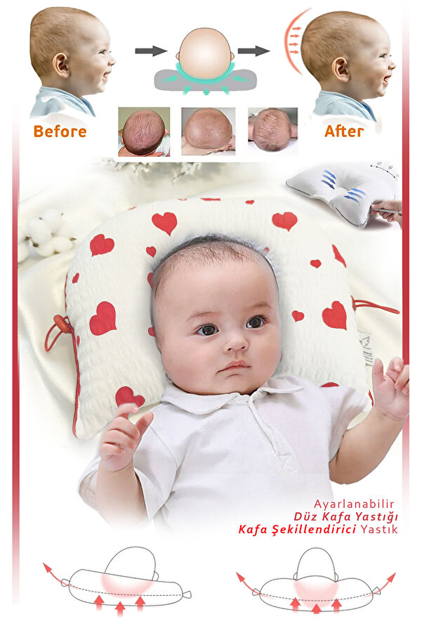 HALZEY Düz Kafa Yastığı & Bebek Yastığı %100 Pamuk, Antibakteriyel, Terletmez, Kırmızı Kalp Desenli