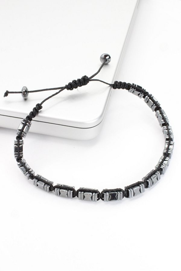 Leo'Stone-Premium Series Rectangular Asymmetrical Pattern Hematite Stone Elevator Drawstring Adjustable Men's Bracelet 1