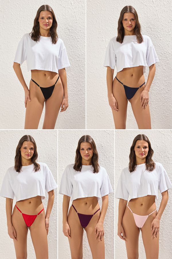 Trendyol Collection-Πολύχρωμο πλεκτό εσώρουχο 5 συσκευασιών ρυθμιζόμενο βαμβακερό στρινγκ μέσης 1