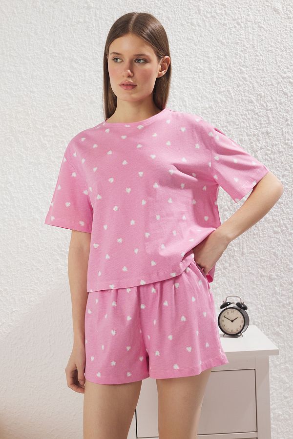 Trendyol Collection-Ροζ 100% βαμβακερή καρδιά Σετ Πλεκτή Πιτζάμες με Σορτς THMSS24PT00029 1