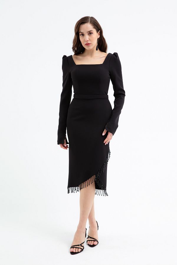 Lafaba-Women's Black Stone Detailed Long Sleeve Promise Engagement Wedding Evening Dress 1