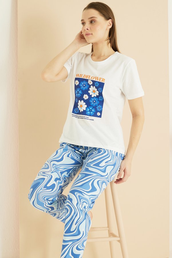Siyah İnci Ecru Patterned Cotton Crew Neck Knitted Pajama Set 25103246