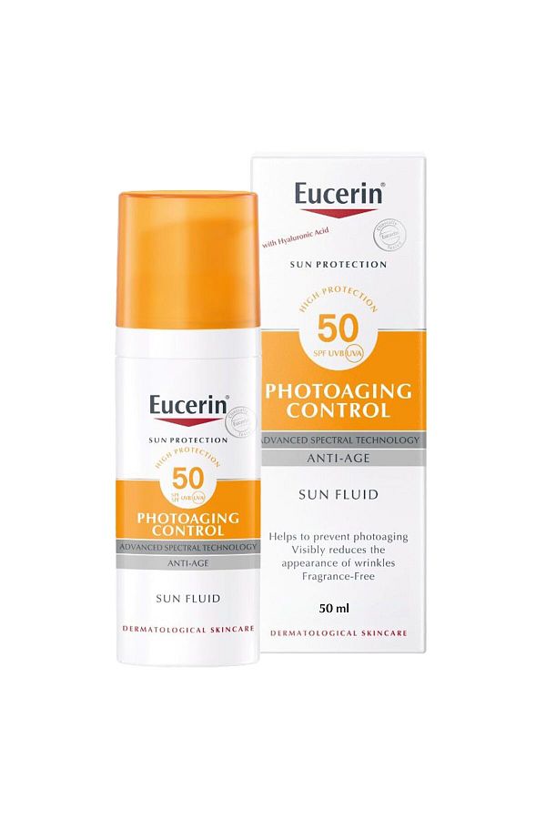 Eucerin-Face Sunscreen SPF 50, Anti-Age Sun Fluid, UVA/UVB Protection, Wrinkle Reduction, Make-Up Base, 50ml 1