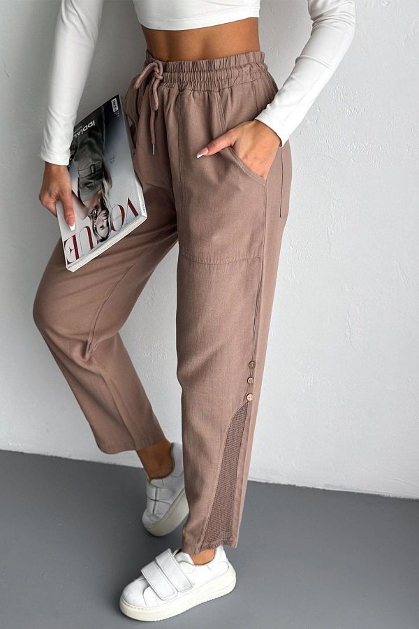 İstangül Butik-Linen Trousers with Mesh and Button Detail 1