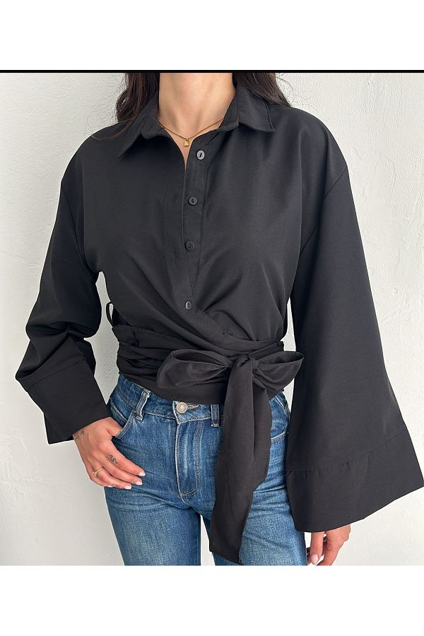 AB LOOKS-Women's Spanish Sleeve Waist Tie Belted Design New Season Poplin Crop Shirt 1
