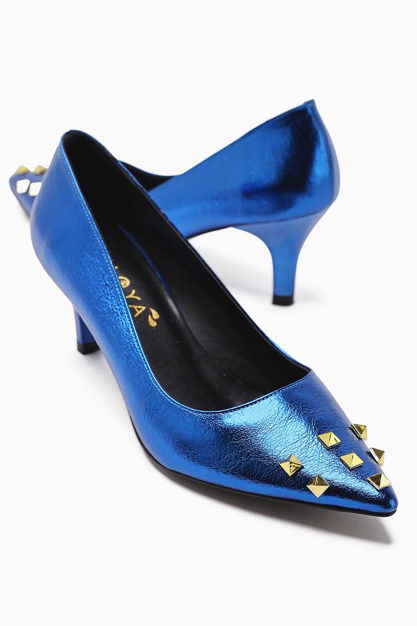 Limoya-Anni Navy Blue Shiny Wrinkled Patent Leather Pyramidal Studded Heeled Women's Shoes 1