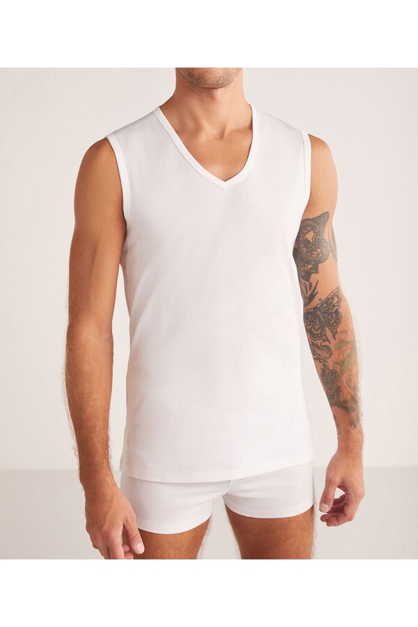 Kom-Men's V-Neck Thick Strap 100% Cotton 4 Pieces Undershirt Lk.01.09.Ll.015 1
