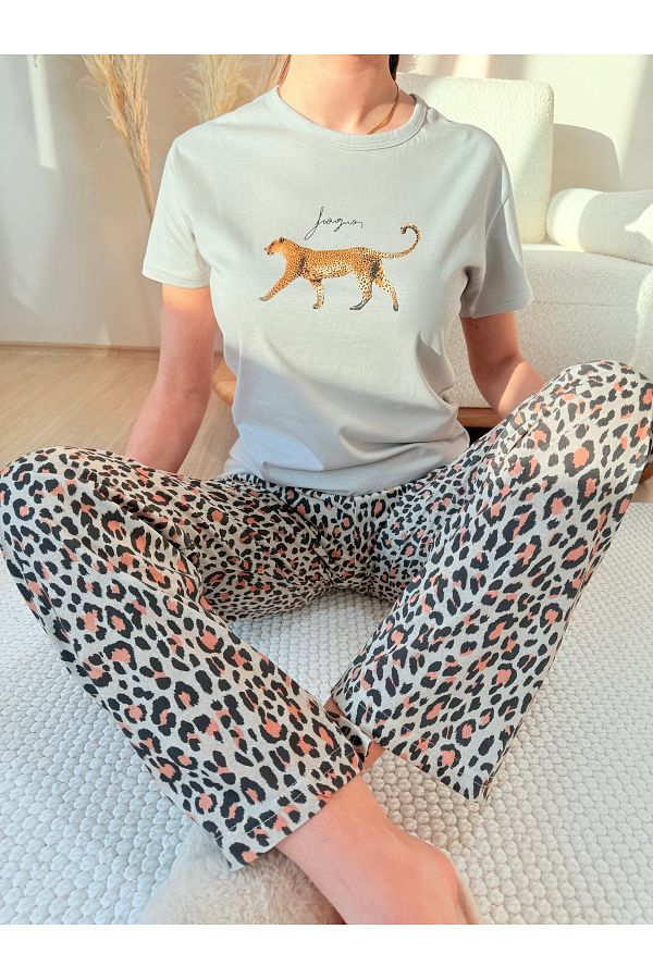Pijamacs-Leopard Pattern Cotton Short Sleeve Knitted Pajamas Set 1