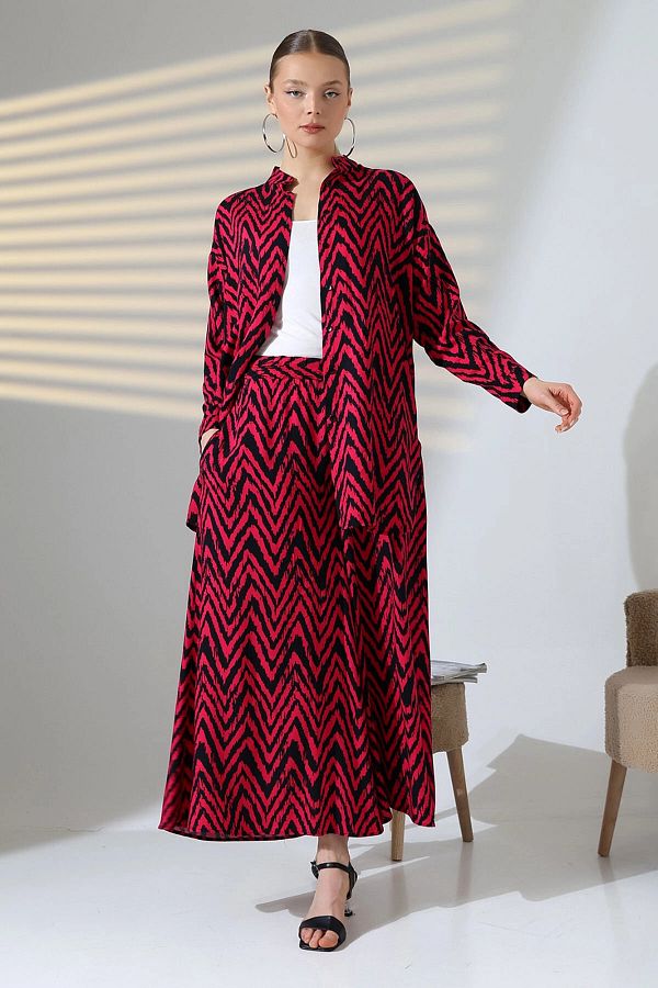 bacc-Fuchsia Judge Collar Zigzag Patterned Shirt and Trousers Woven Bottom Top Set Bcvl-25V053-1 1
