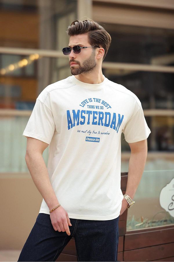 Madmext-Ανδρικό T-Shirt με στάμπα εκρού E7124 1