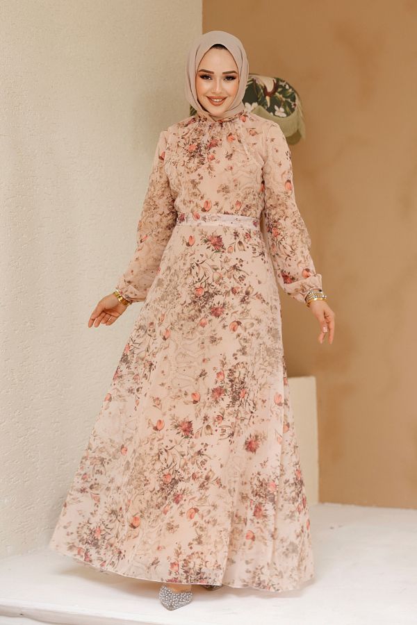 Neva Style-Floral Patterned Salmon Hijab Dress 27966Smn 1