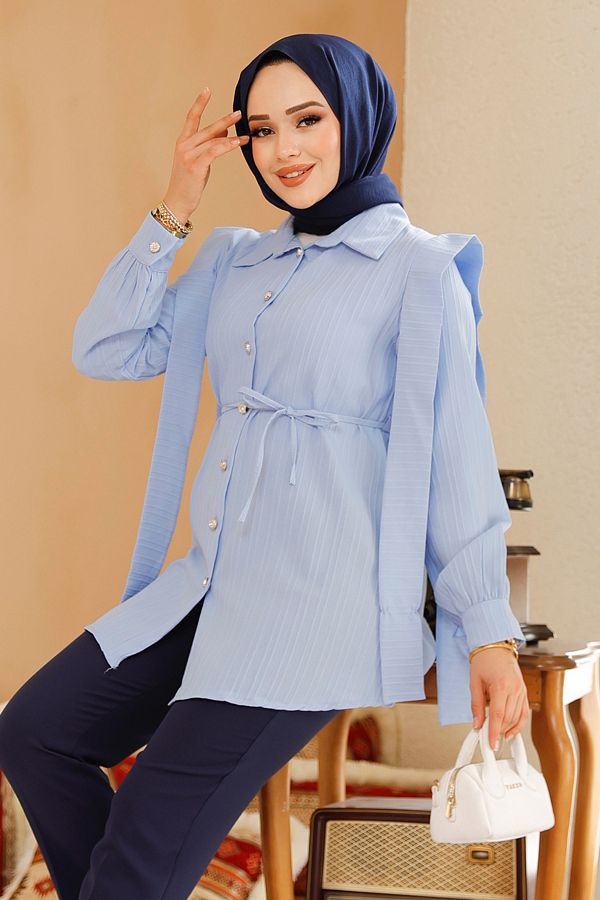 Neva Style-Baby Blue Hijab Tunic with Belted Shoulders 10131Bm 1