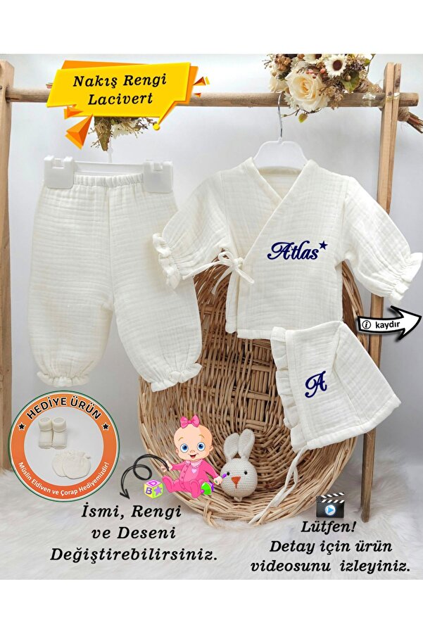 gros shop Yeni Doğan Müslin 3'li Kimono Bağcıklı Tulum %100 Pamuk Organik (Kişiye Özgü İsimli Nakış Desenli)