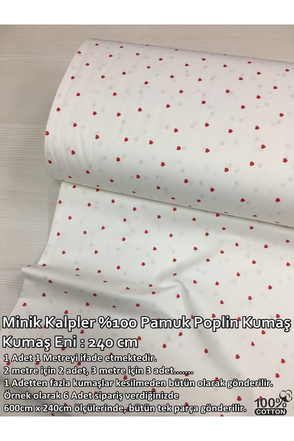 Renk Tekstil Kırmızı Minik Kalpler %100 Pamuk Poplin Kumaş - Elbise - Hobi- Çarşaf - Bebek