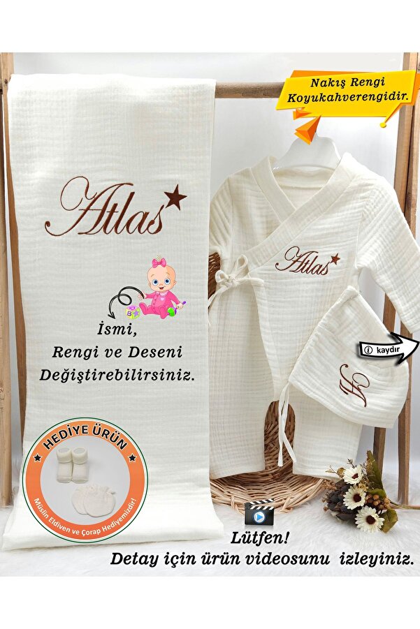 gros shop 4Katlı Müslin 3'lü Kimono Bağcıklı Tulum %100Pamuk Hastane Çıkışı(Kişiye Özgü İsimli Nakış Desenli)