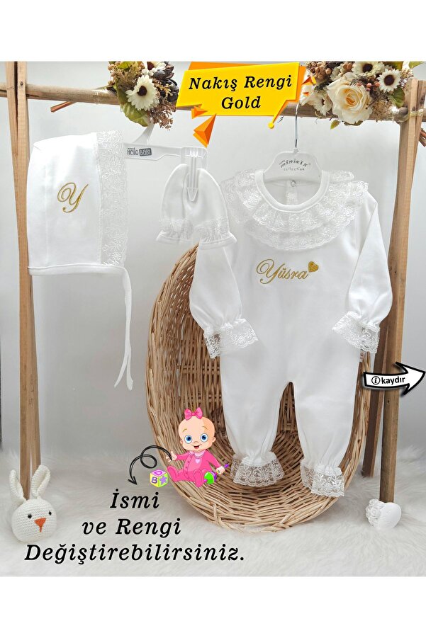 gros shop Yeni Doğan Dantelli 3'lü Hastane Çıkış Tulum Seti (KİŞİYE ÖZGÜ İSİMLİ NAKIŞ DESENLİ)