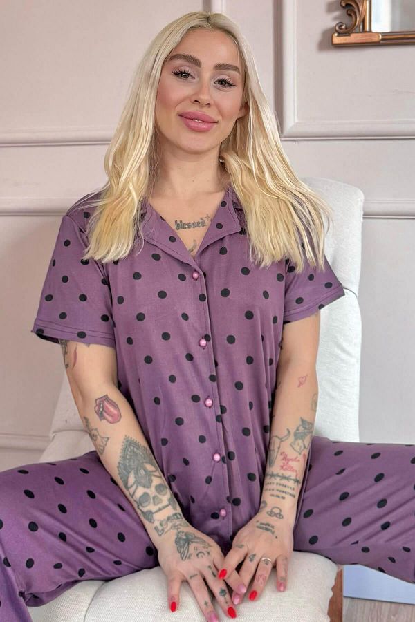 Pijamaevi-Lilac Royal Dots Patterned Bamboo Front Buttoned Short Sleeve Pajama Set 1