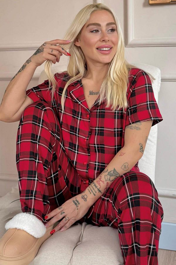 Pijamaevi-Red Striped Patterned Bamboo Front Buttoned Short Sleeve Pajama Set 1