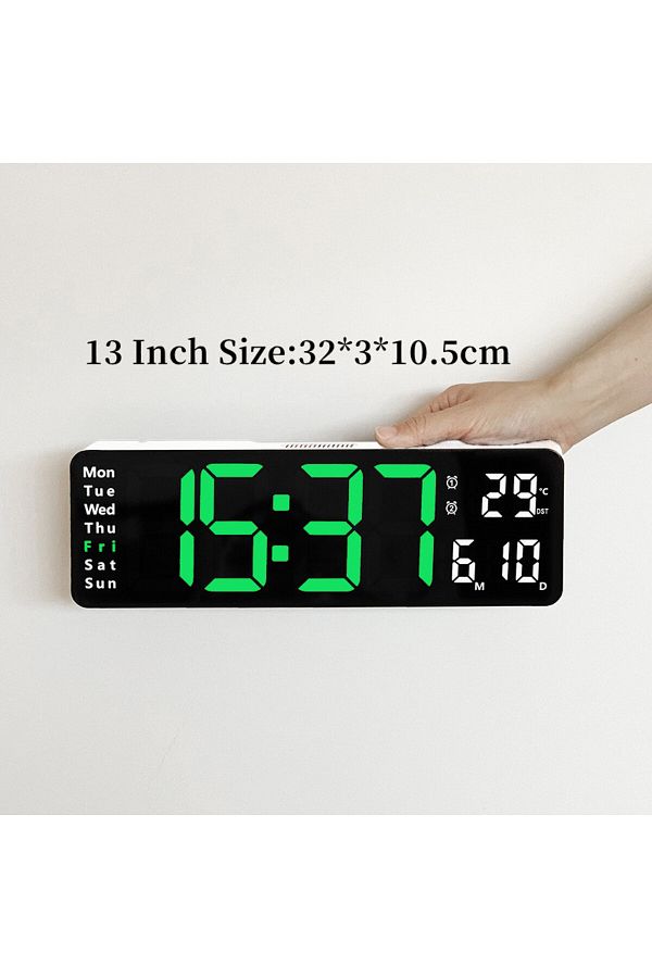 Choice-13 Inch White Green Large Digital Wall Clock Temp Date Week Display Remote Control Power Off Memory 1