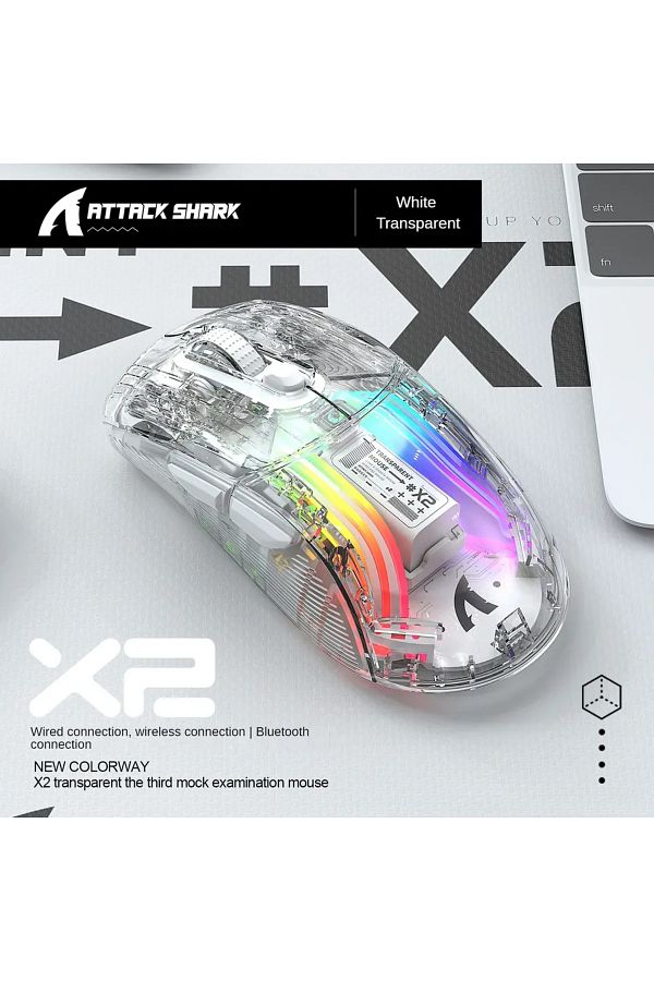 Choice-White ATTACK SHARK X2 Pro Triple Mode Wireless Transparent Shell Gaming Mouse RGB Rechargeable 4000 1