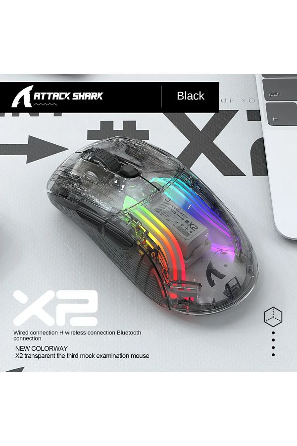 Choice-Black ATTACK SHARK X2 Pro Triple Mode Wireless Transparent Shell Gaming Mouse RGB Rechargeable 4000 1