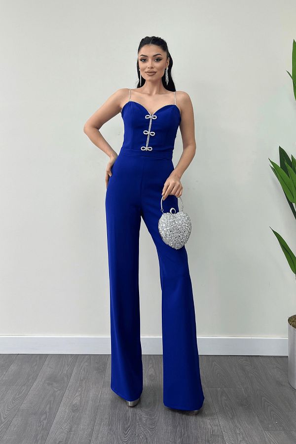 giyimmasalı-Salopetă de rochie de seară cu fundă din țesătură Atlas - SAKS BLUE 1