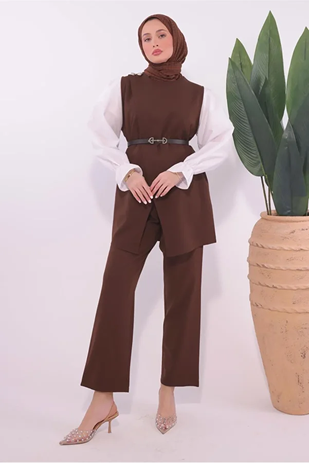 TRENDTESETTÜR-Women's Brown Belted Trousers Suit T0184 1