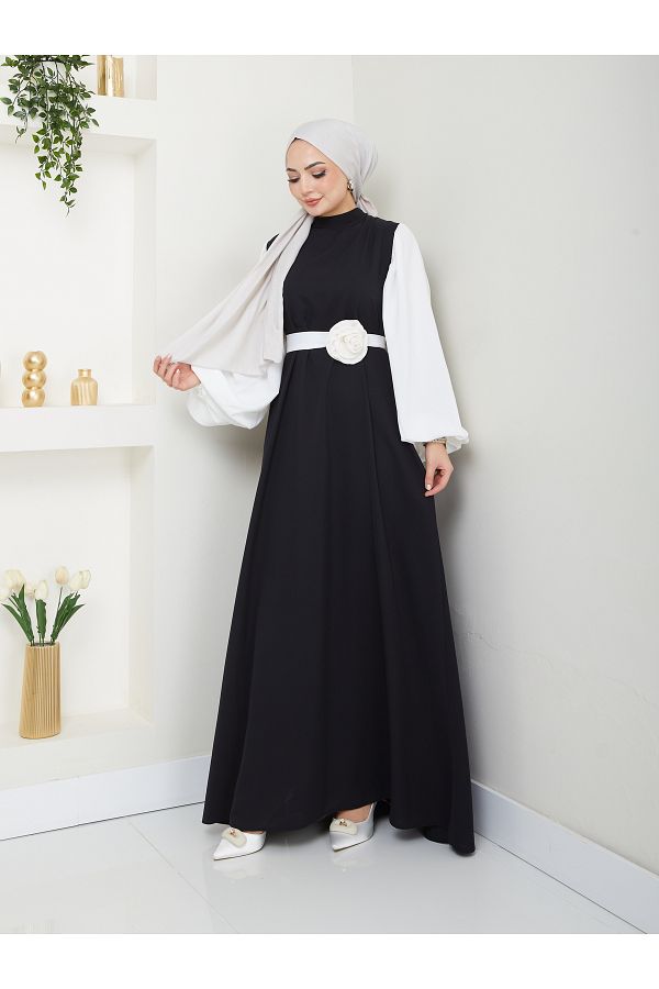 EFSUN MODA-Women's Saw Sleeve White Dress Blume Buckle Black Dress 1