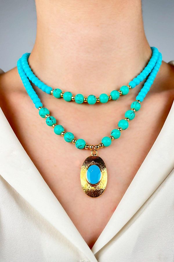 Sose Moda-Double Row Bead Necklace with Gold Plated Tip - Turquoise 1