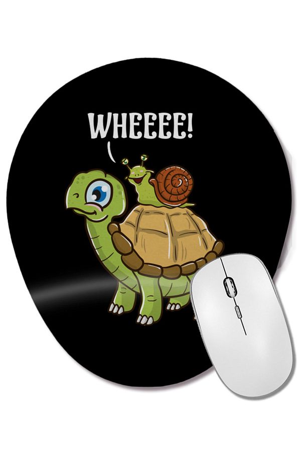 BASKI DÜNYASI-Cute & Funny Snail Riding on Turtle Yelling Wheee Oval Mouse Pad with Wrist Support 1