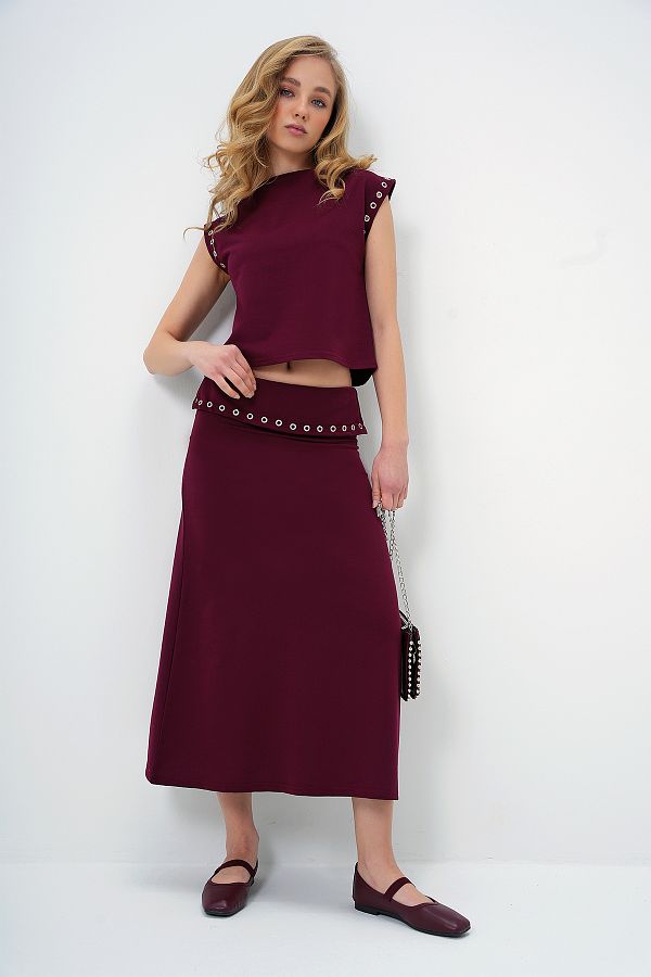 Trend Alaçatı Stili-Burgunderfarbenes Damen-Set mit Stehkragen, Bluse und Rock ALC-X13482 1