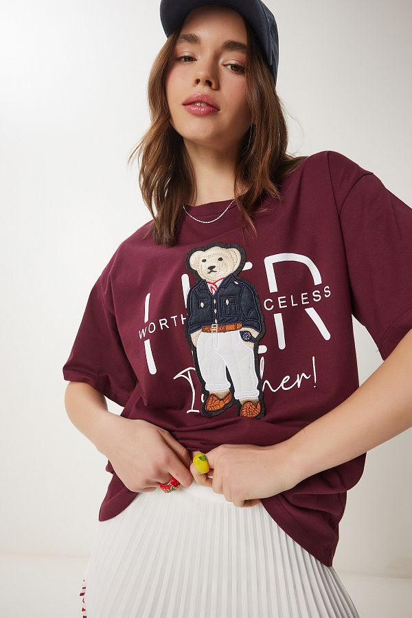 Happiness İstanbul-Damen-T-Shirt aus Baumwolle mit Oversize-Bordüre in Weinrot CR00452 1