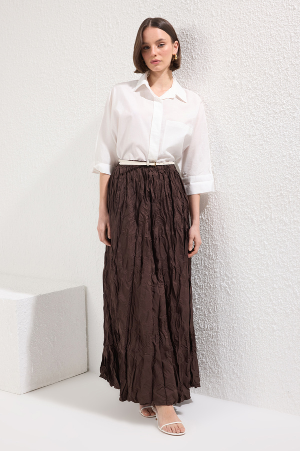Trendyol Modest-Καφέ υφασμάτινη φούστα με ρυτίδες TCTSS25EE00016 1