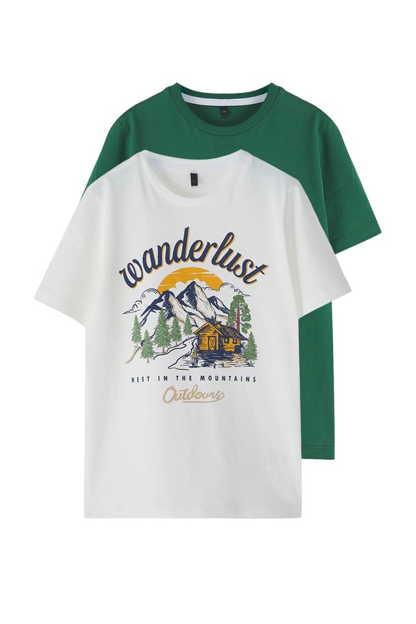 TRENDYOLKIDS Ecru-Green 2-Pack Boys' 100% Cotton Slogan Printed Short Sleeve Knitted T-Shirt Tkdss25Ts00016