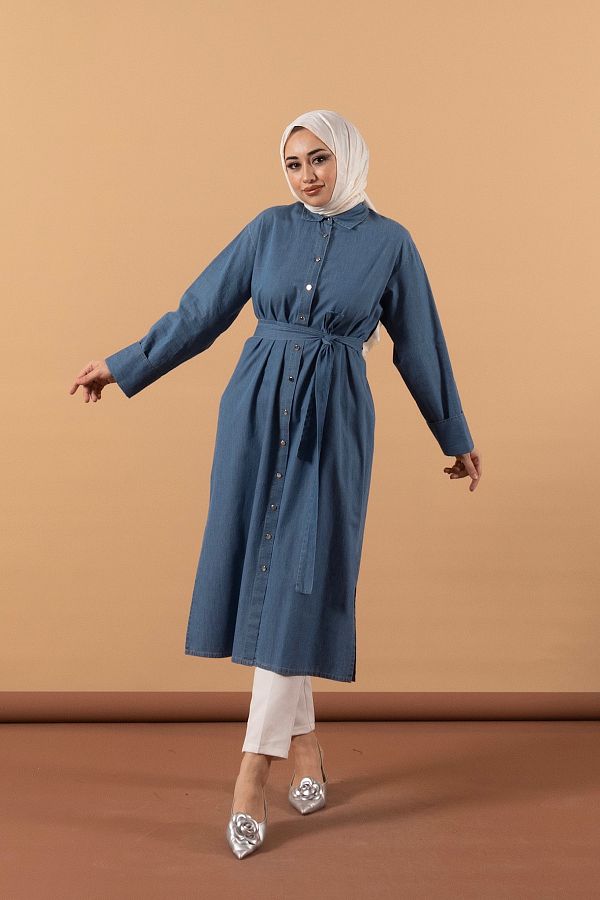 Stilife-Blue Denim Tunic with Side Slits 1