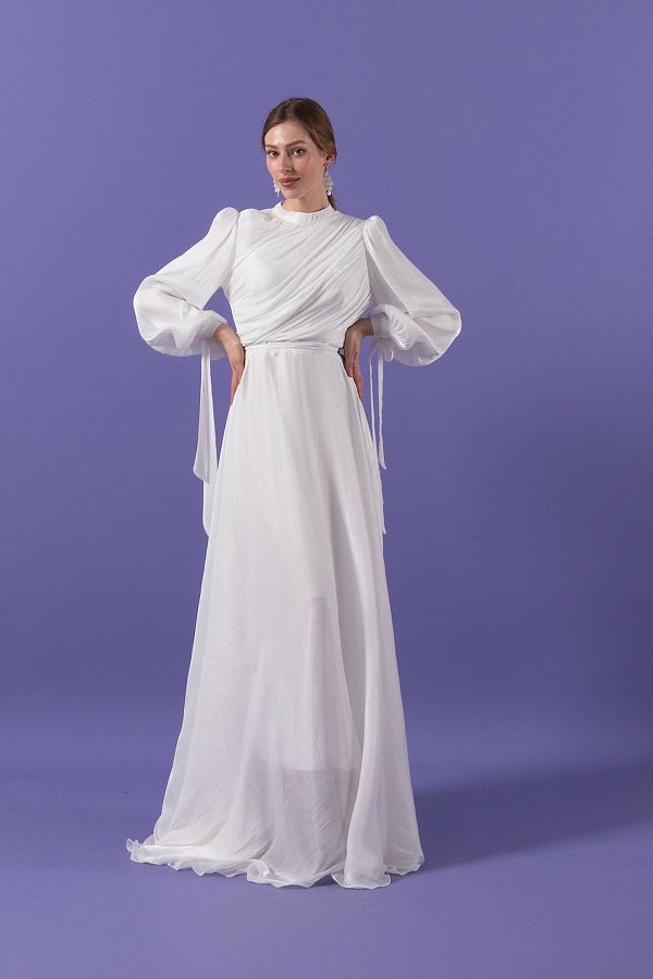 Stilife-White Evening Dress with Draped Bust 1