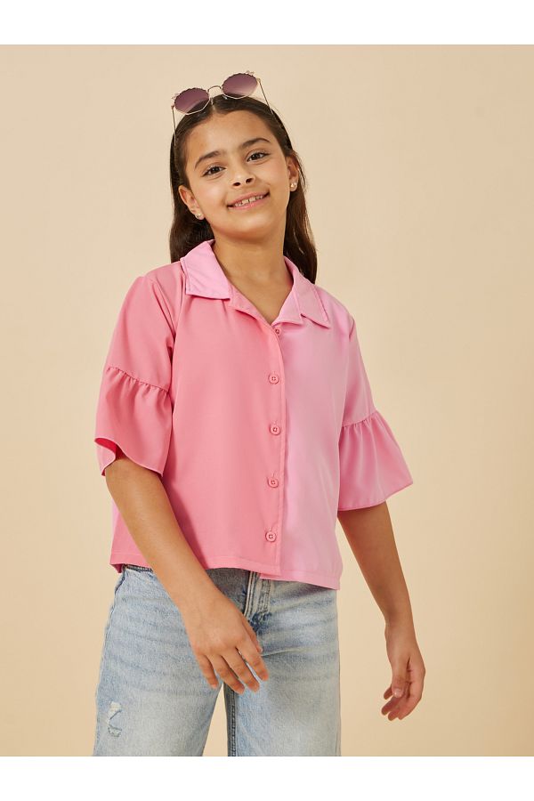 Styli-Color Block Ruffled Sleeve Collared Shirt 1