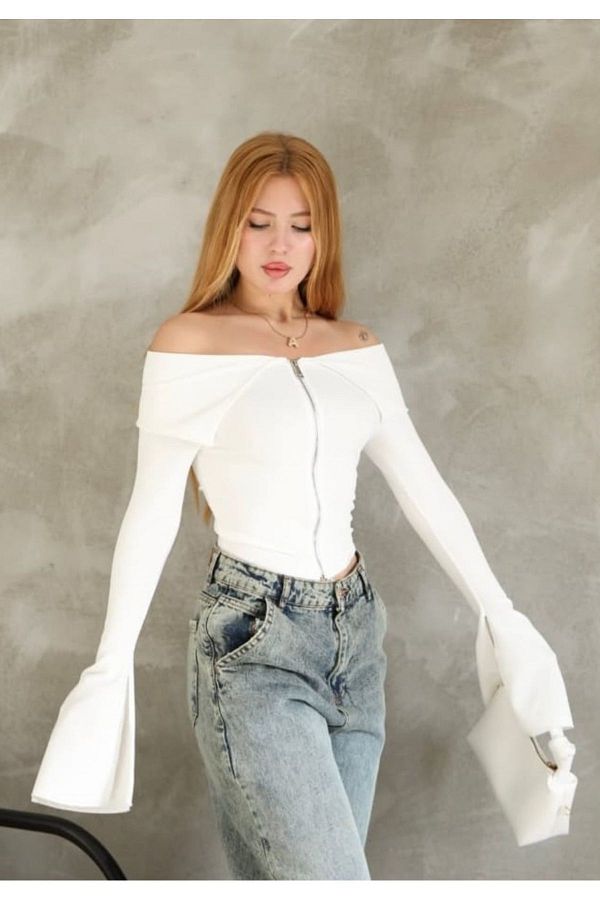 Gugus-Women's Trend Open Shoulder Madonna Spanish Sleeve Zippered Kayik Collar Cardigan Krop 1
