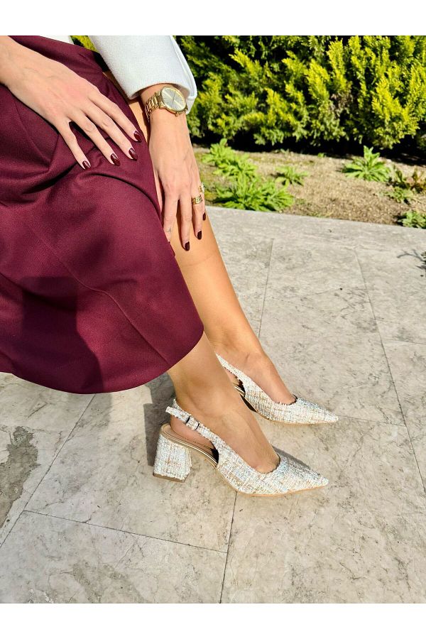 İnan Ayakkabı-Women's Gold Multi Straw Detailed New Season Pointed Toe Heeled Shoes (Heel 7 cm) 1