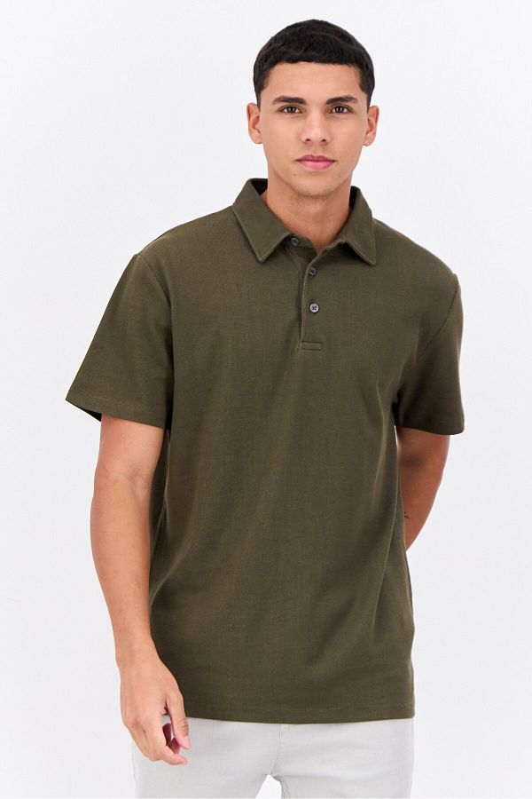 French Connection-Men Regular Fit Short Sleeves Brand Logo Polo Shirt, Olive 1