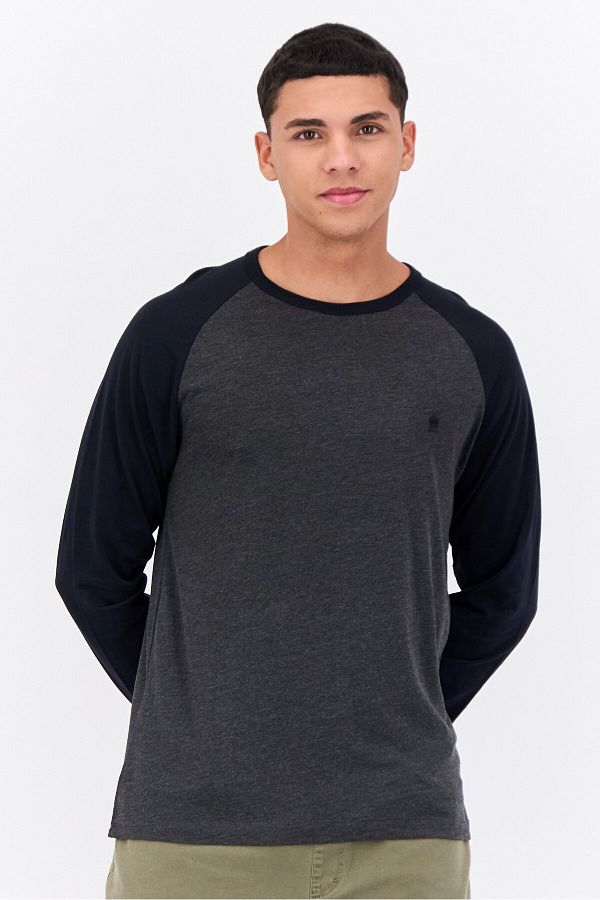French Connection-Men Crew Neck Long Sleeves Heather T-shirt, Dark Grey 1