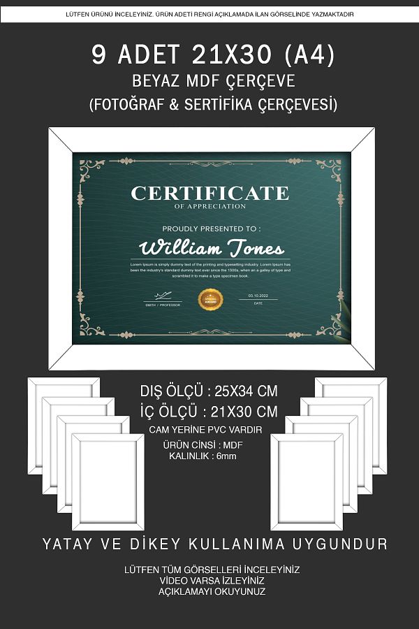 bymat-9 Pieces 21X30 Frame - White Frame - A4 Frame - Diploma Frame - Mdf Multi Photo Frame 1
