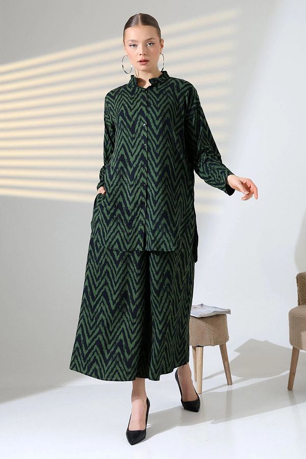 bacc-Khaki Judge Collar Zigzag Patterned Shirt and Trousers Woven Bottom Top Set Bcvl-25V053-1 1