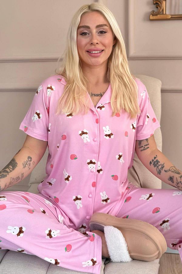 Pijamaevi-Light Pink Rabbit Patterned Bamboo Front Buttoned Short Sleeve Pajama Set 1